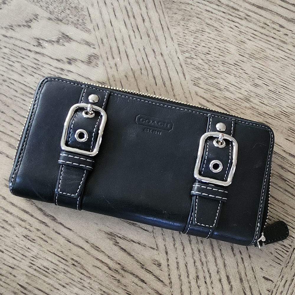 Coach Black Leather Wallet with Silver Buckles